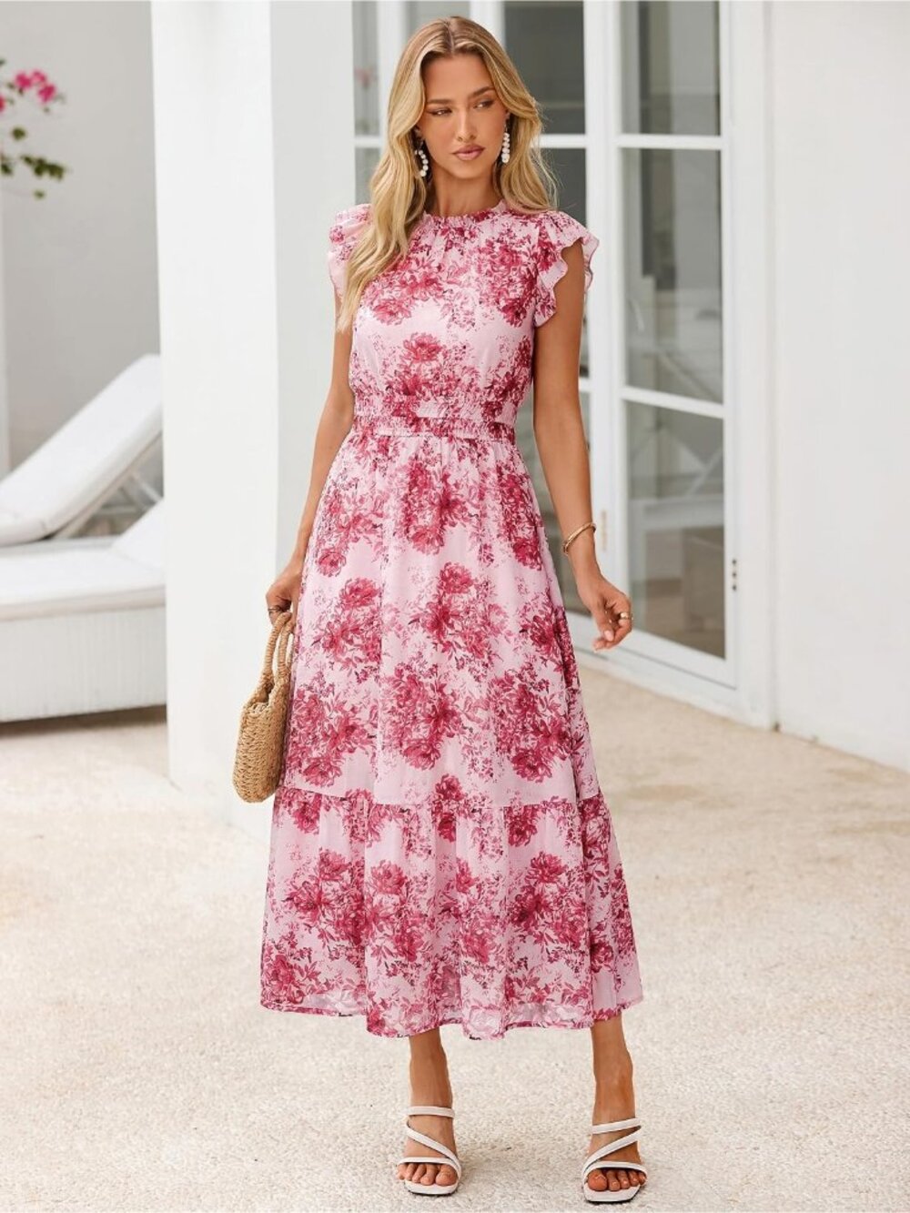 Women's Pink Red Short Sleeve Crew Neck A LINE Imported Casual Maxi Dress - Picture 4 of 7